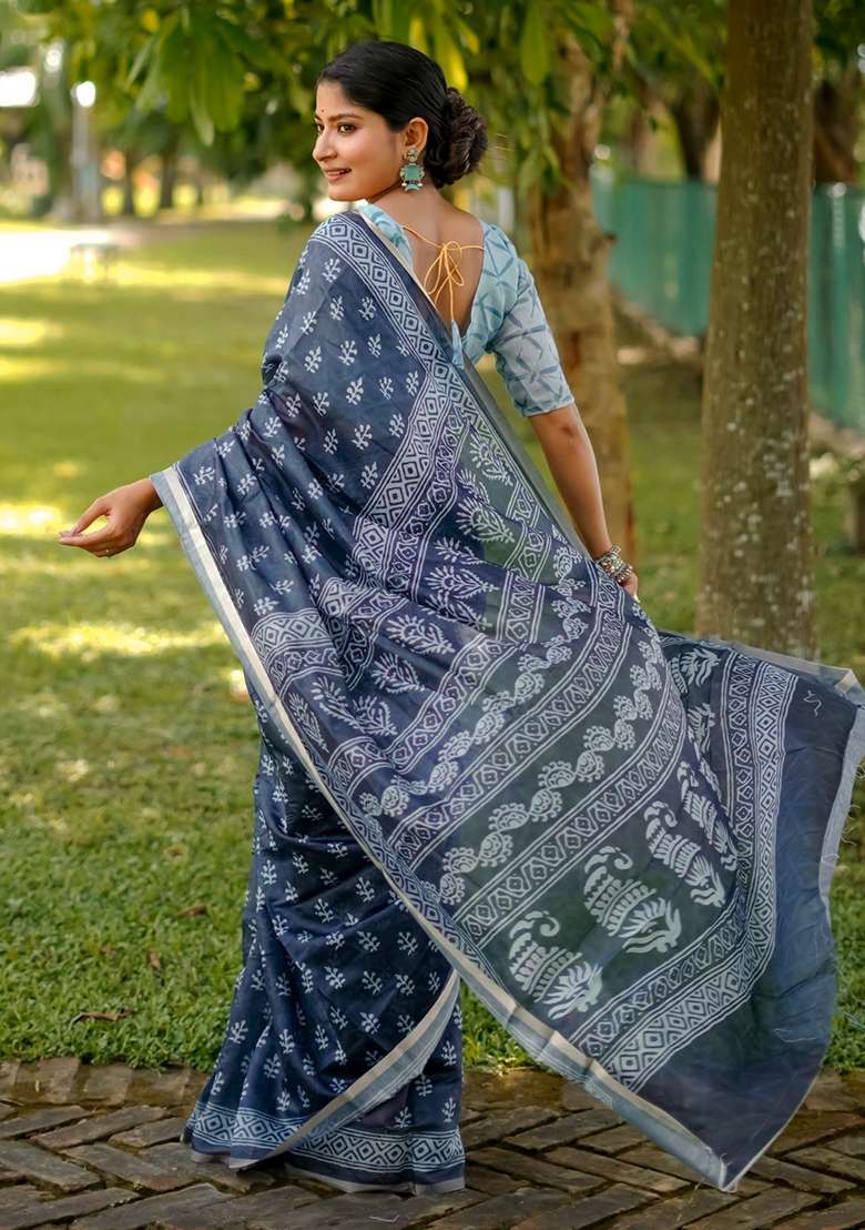 Firozi Cotton Saree Set with Printed for Diwali | Wedding & Festive Wear - Indya