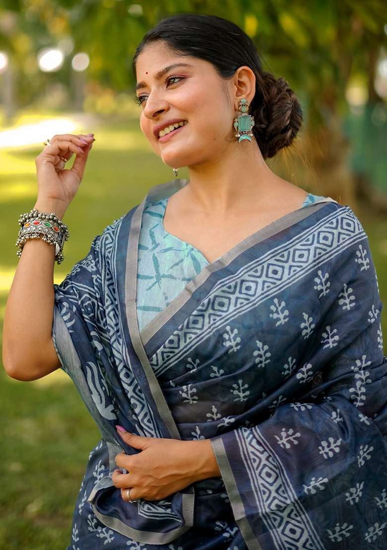 Firozi Cotton Saree Set with Printed for Diwali | Wedding & Festive Wear - Indya