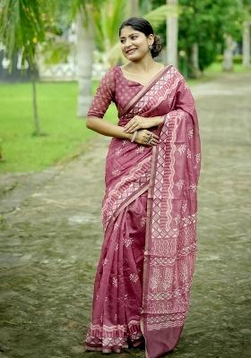 Pink Printed Cotton Saree Set