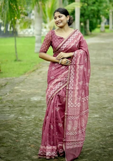 Pink Printed Cotton Saree Set