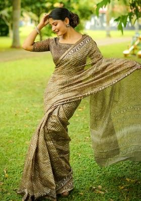 Green Printed Cotton Saree Set