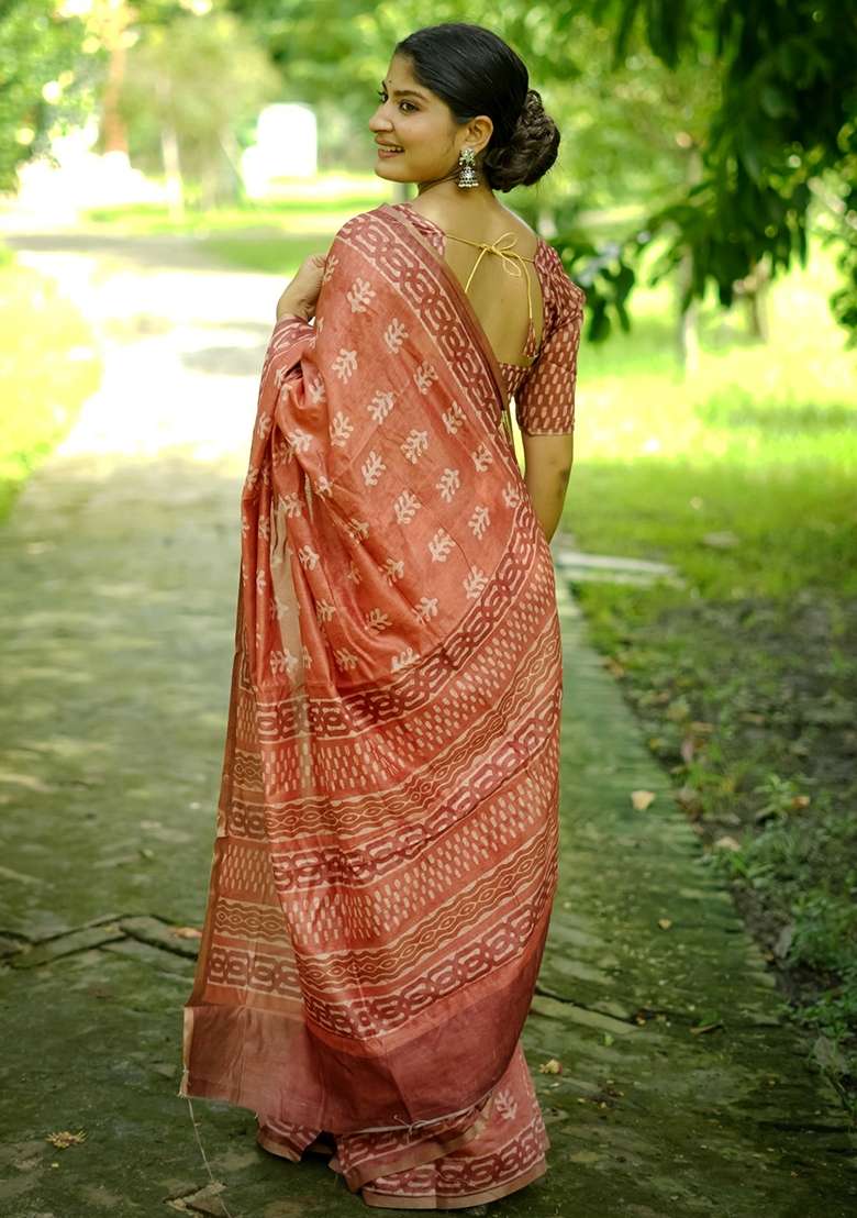 Orange Cotton Saree Set with Printed for Diwali | Wedding & Festive Wear - Indya