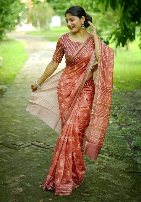 Orange Printed Cotton Saree Set