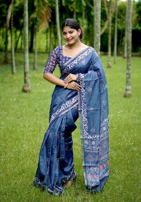 Blue Printed Cotton Saree Set