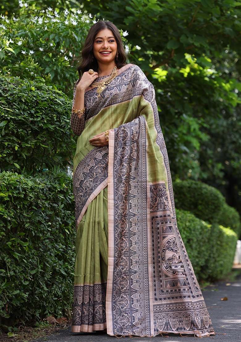Pista Green Printed Tussar Silk Blend Saree Set for Diwali and Festive Wear - Indya