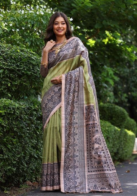 Pista Green Printed Tussar Silk Saree Set