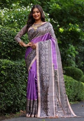 Purple Printed Tussar Silk Saree Set
