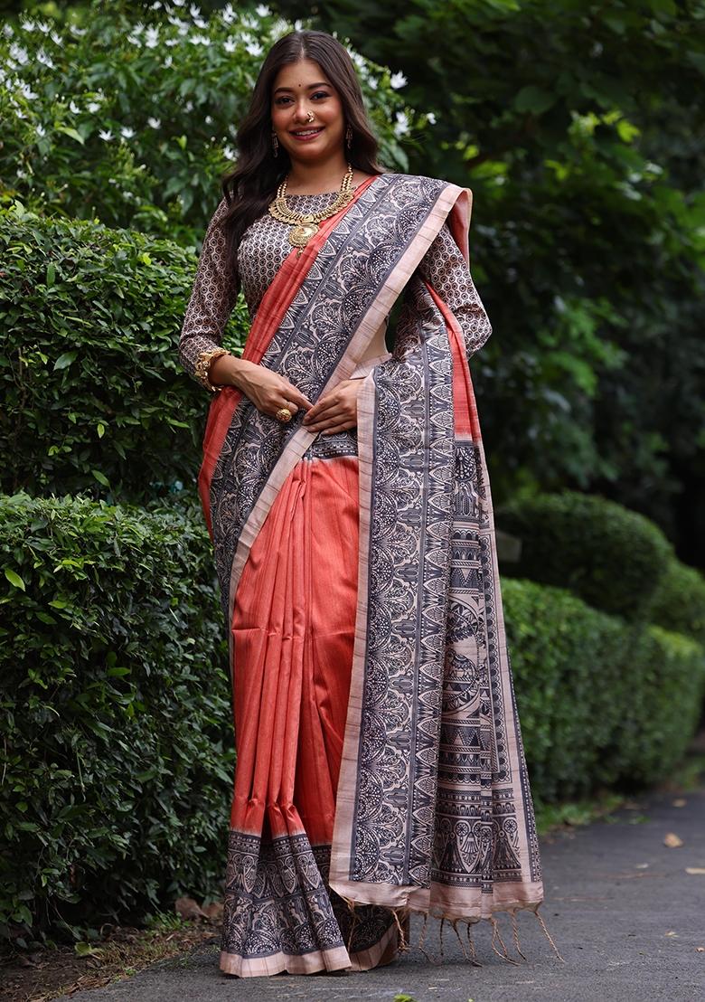 Peach Printed Tussar Silk Saree Set