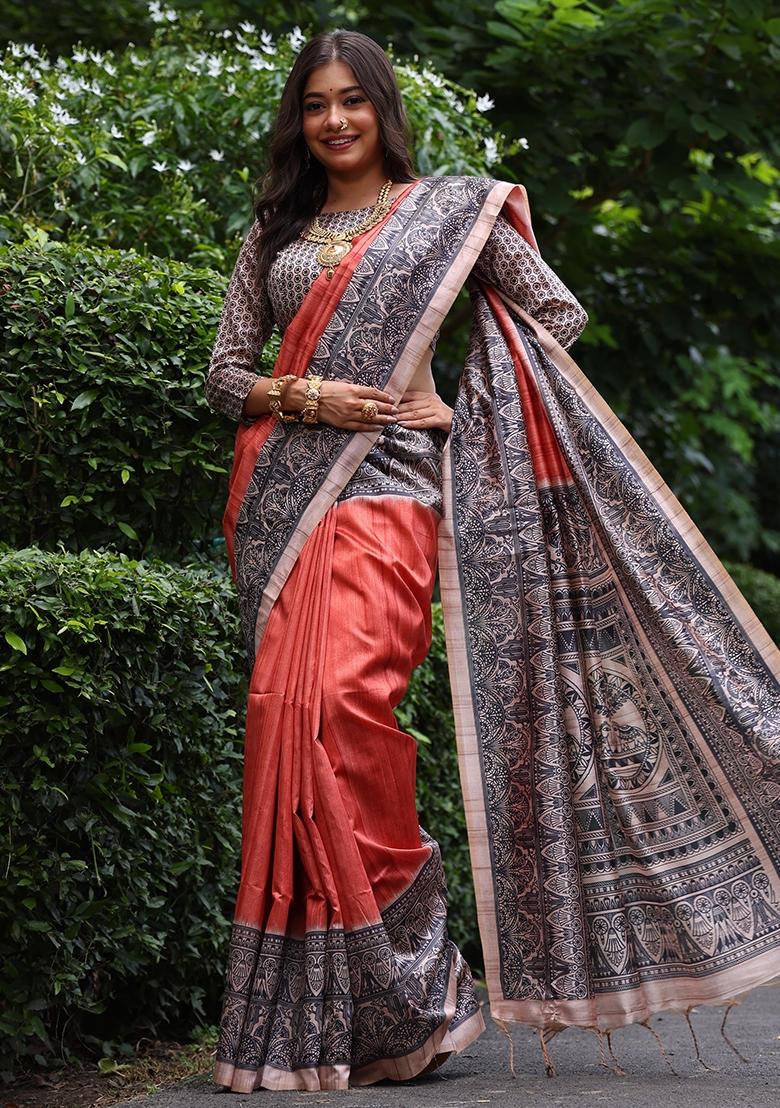 Peach Printed Tussar Silk Saree Set