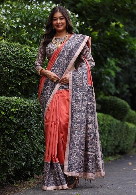 Peach Printed Tussar Silk Saree Set