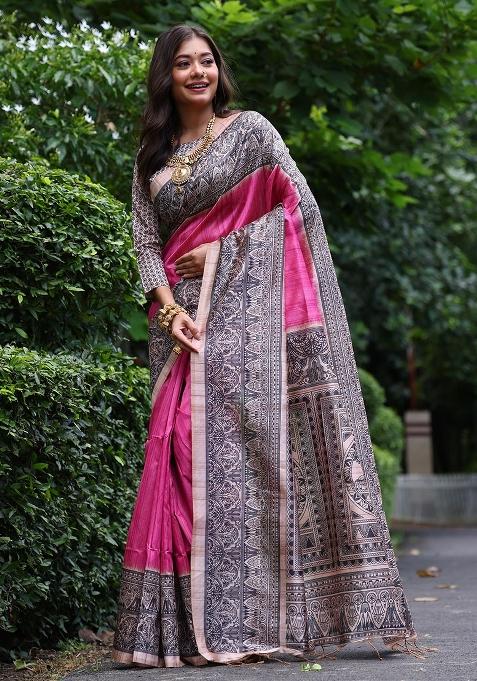 Pink Printed Tussar Silk Saree Set