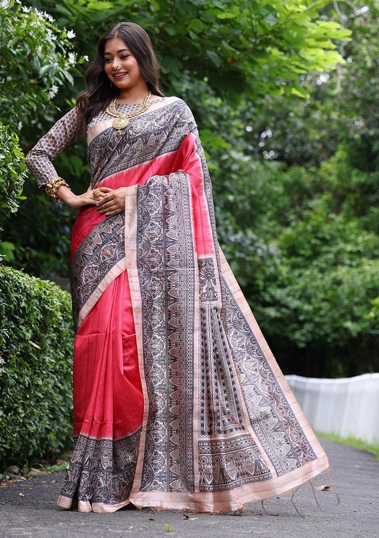 Red Printed Tussar Silk Saree Set