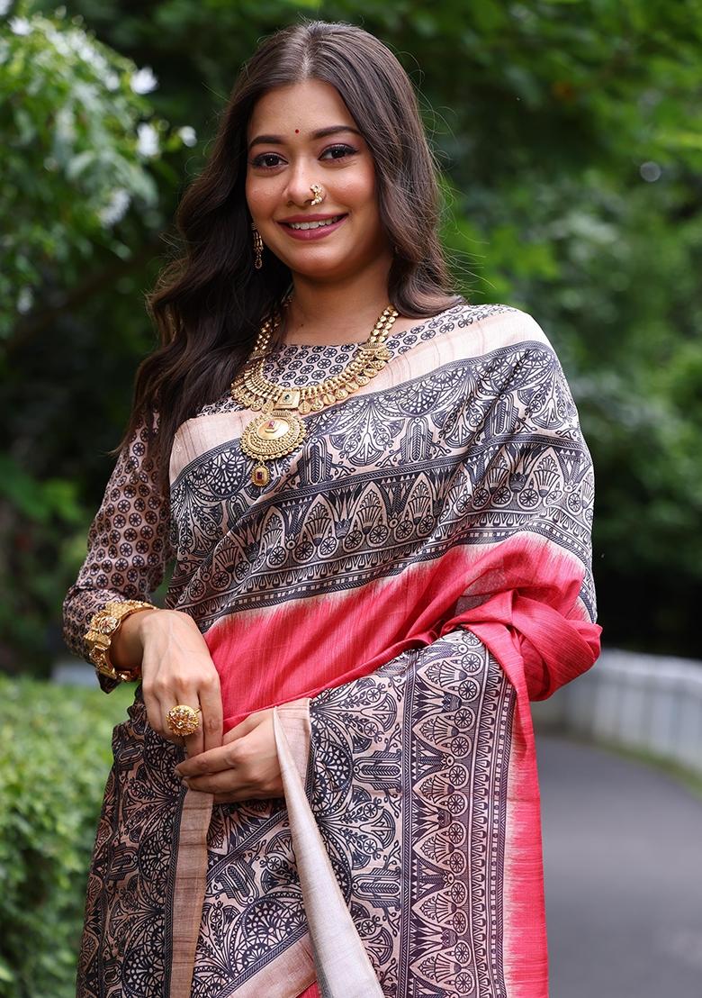 Red Printed Tussar Silk Saree Set