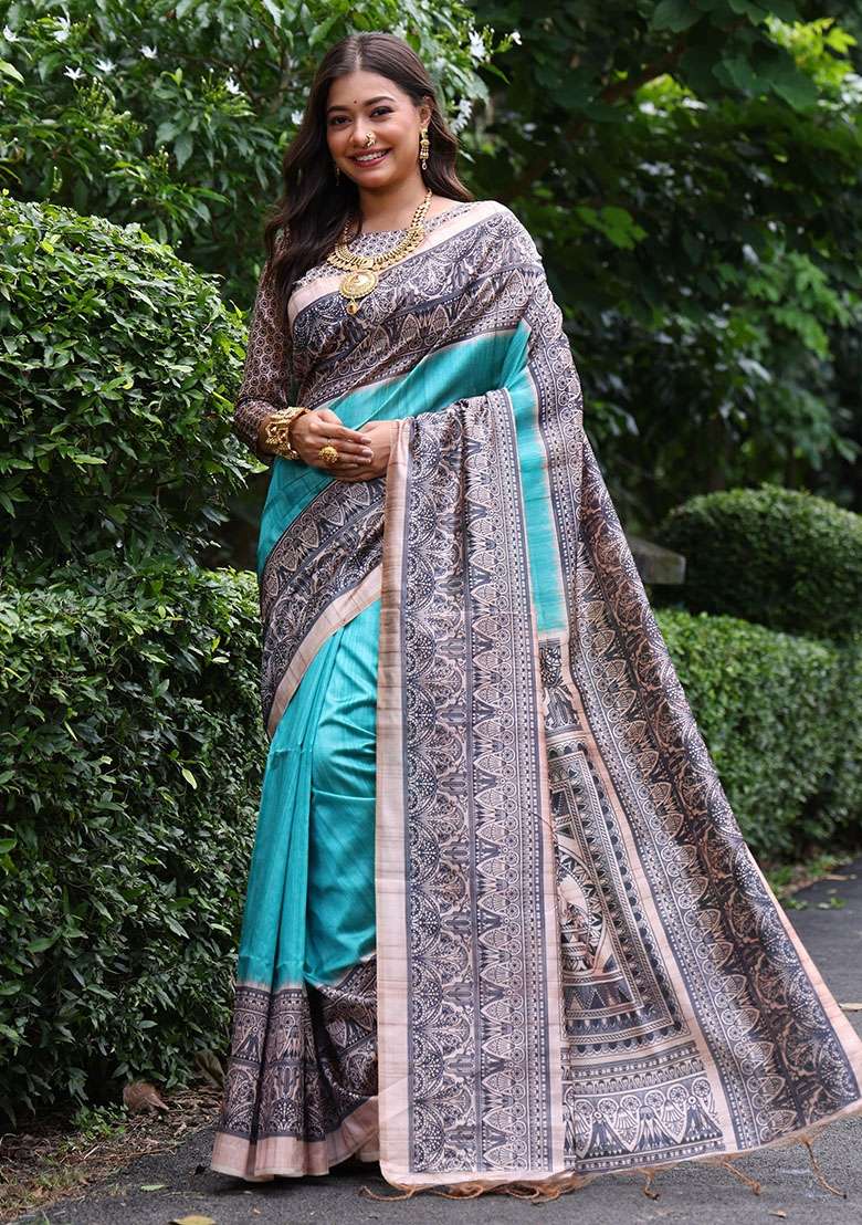 Sky Blue Printed Tussar Silk Blend Saree Set for Diwali and Festive Wear - Indya