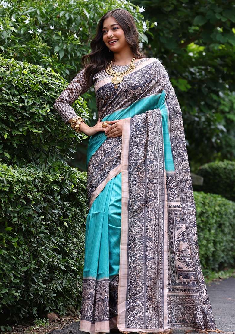Sky Blue Printed Tussar Silk Blend Saree Set for Diwali and Festive Wear - Indya