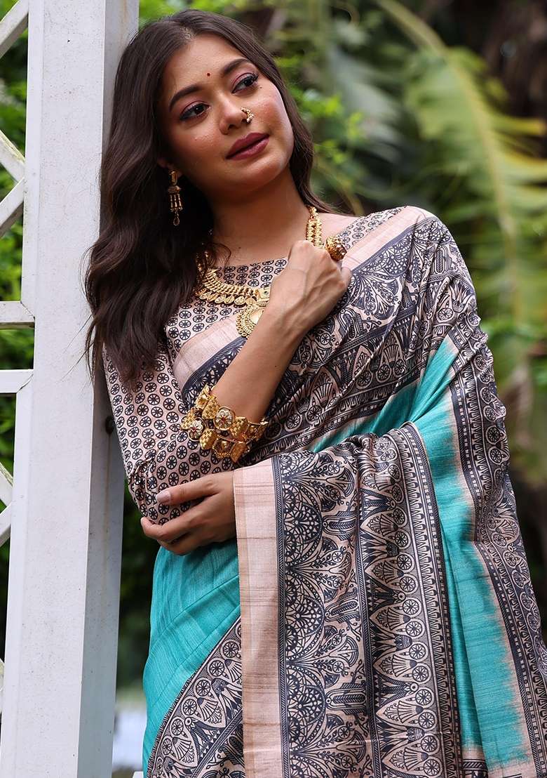Sky Blue Printed Tussar Silk Blend Saree Set for Diwali and Festive Wear - Indya