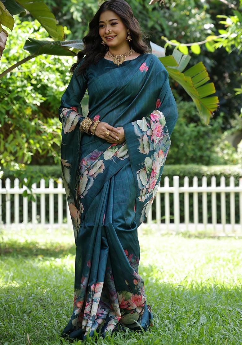 Bottle Green Printed Tussar Silk Saree Set
