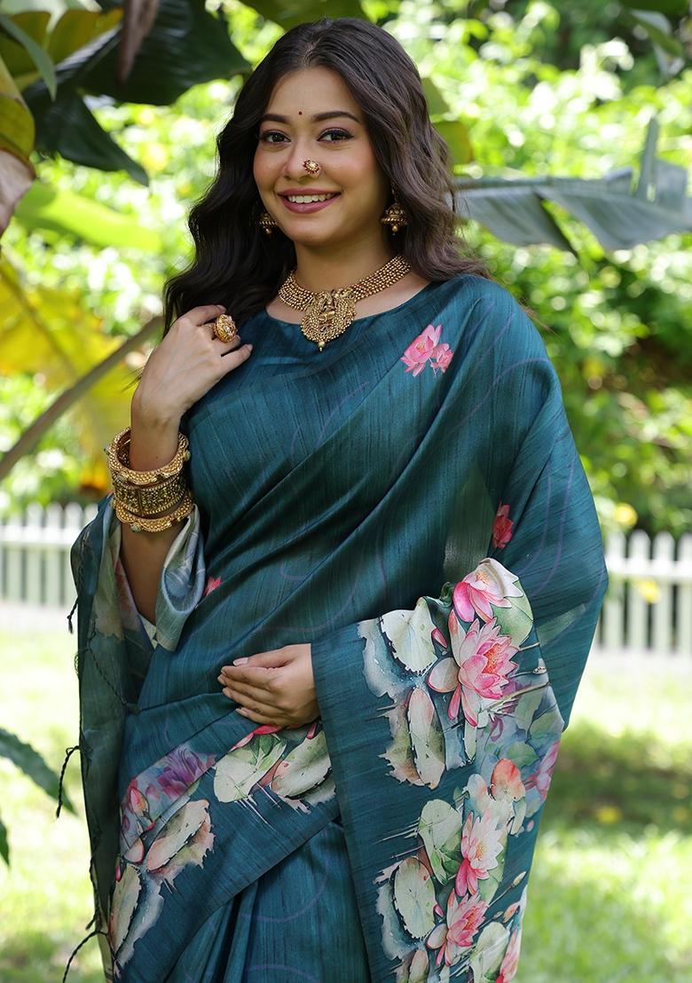 Bottle Green Printed Tussar Silk Saree Set
