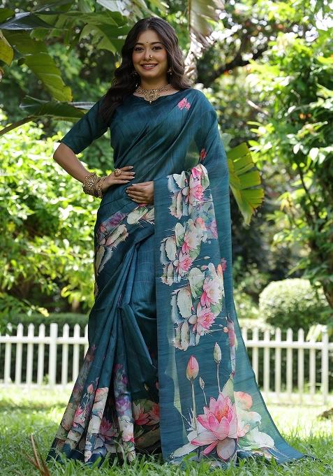 Bottle Green Printed Tussar Silk Saree Set