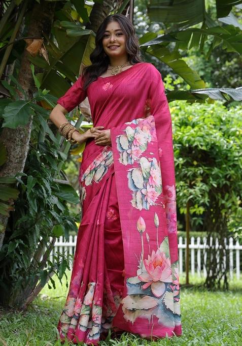 Pink Printed Tussar Silk Saree Set