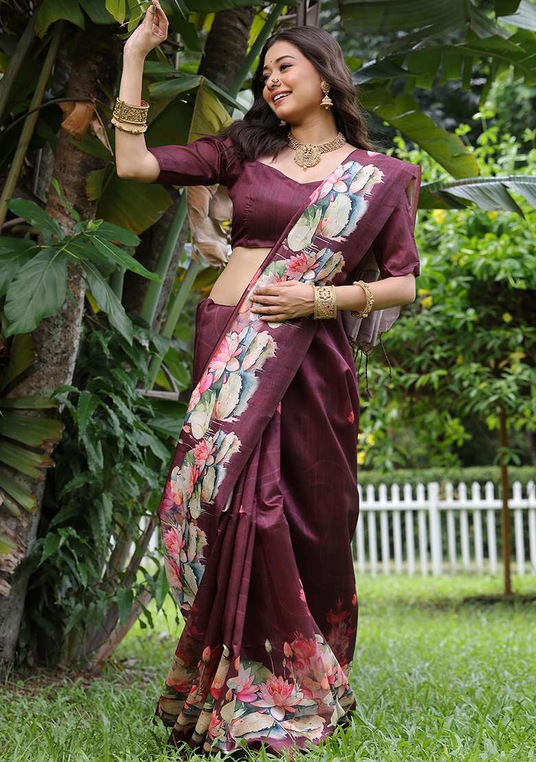 Brown Printed Tussar Silk Blend Saree Set for Diwali and Festive Wear - Indya