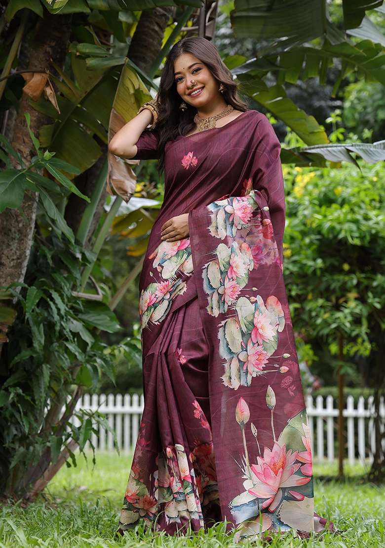 Brown Printed Tussar Silk Blend Saree Set for Diwali and Festive Wear - Indya