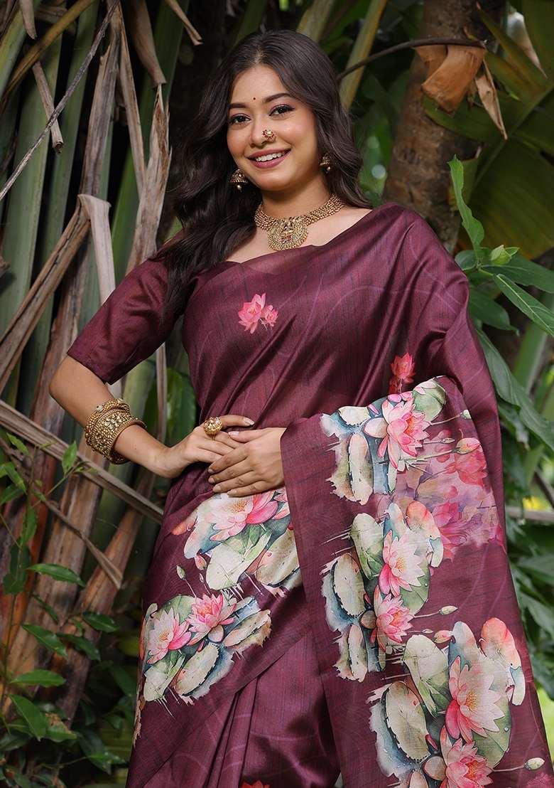 Brown Printed Tussar Silk Blend Saree Set for Diwali and Festive Wear - Indya