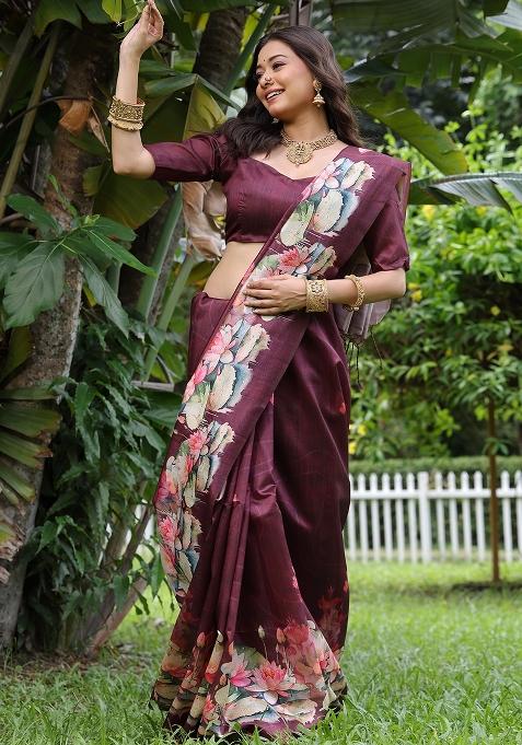 Brown Printed Tussar Silk Saree Set
