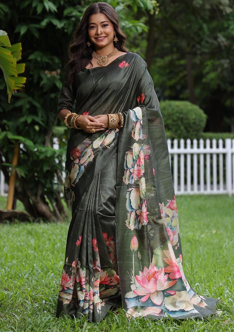 Green Printed Tussar Silk Saree Set