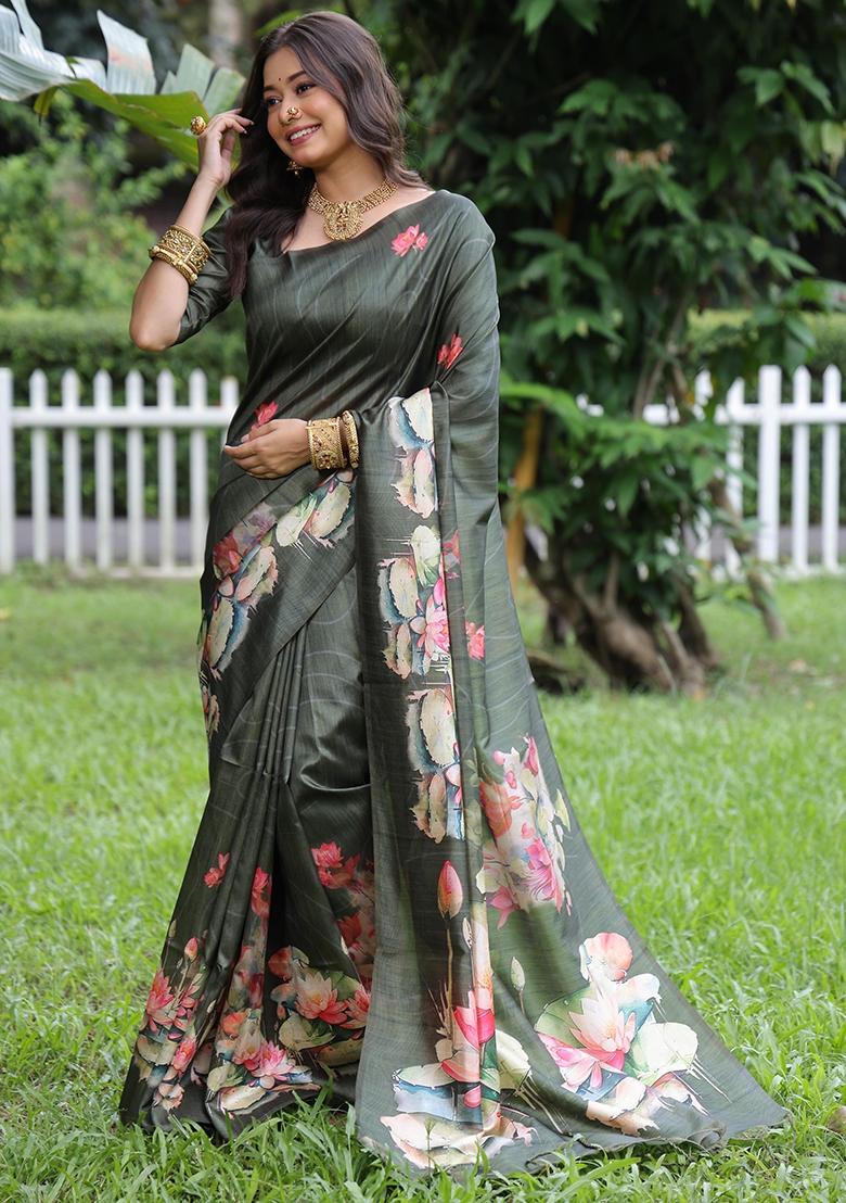 Green Printed Tussar Silk Saree Set