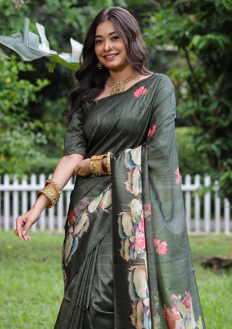 Green Printed Tussar Silk Saree Set