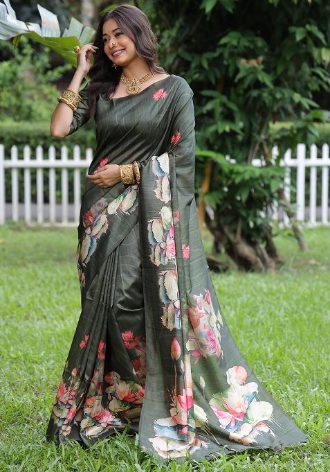 Green Printed Tussar Silk Saree Set