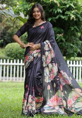 Black Printed Tussar Silk Saree Set