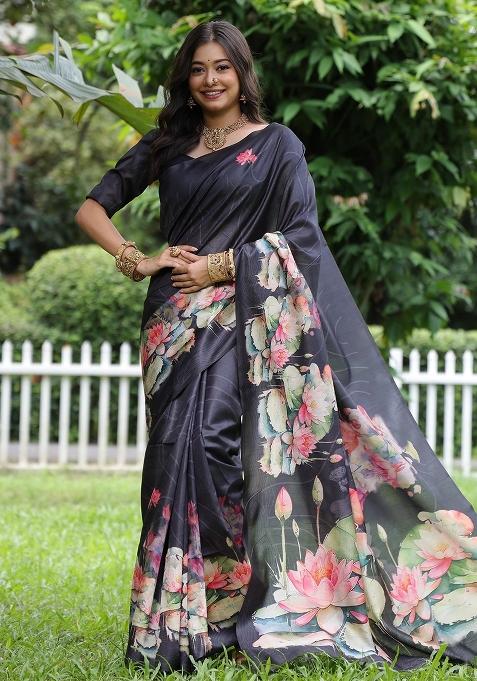 Black Printed Tussar Silk Saree Set