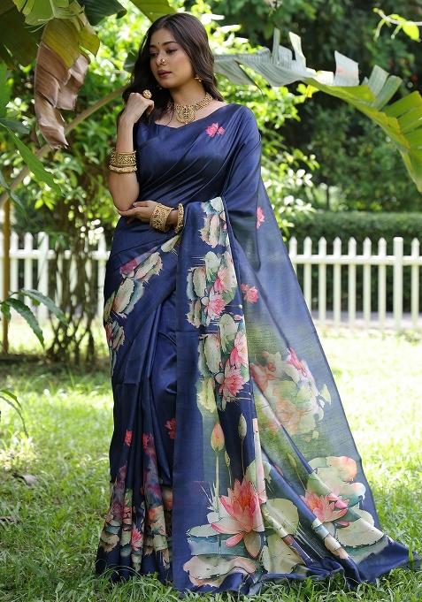 Blue Printed Tussar Silk Saree Set