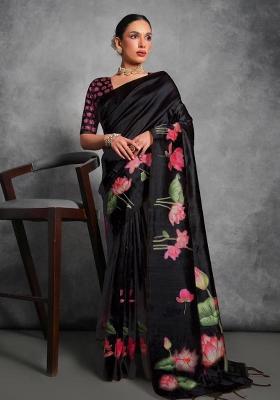 Black Printed Tussar Silk Saree Set