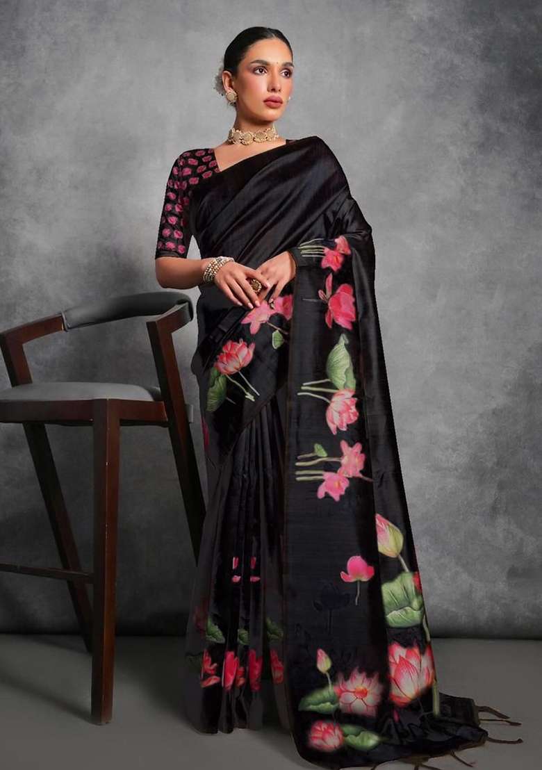 Black Printed Tussar Silk Blend Saree Set for Diwali and Festive Wear - Indya