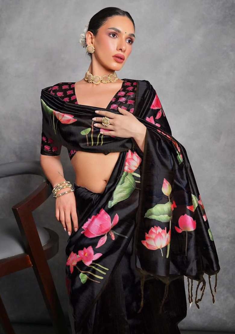 Black Printed Tussar Silk Blend Saree Set for Diwali and Festive Wear - Indya