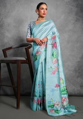Sea Green Printed Tussar Silk Saree Set