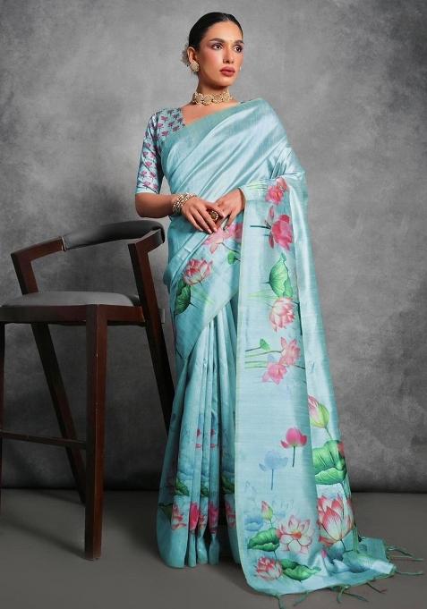 Sea Green Printed Tussar Silk Saree Set