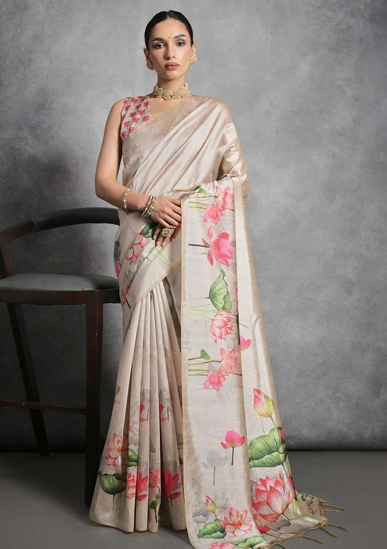 Cream Printed Tussar Silk Blend Saree Set for Diwali and Festive Wear - Indya