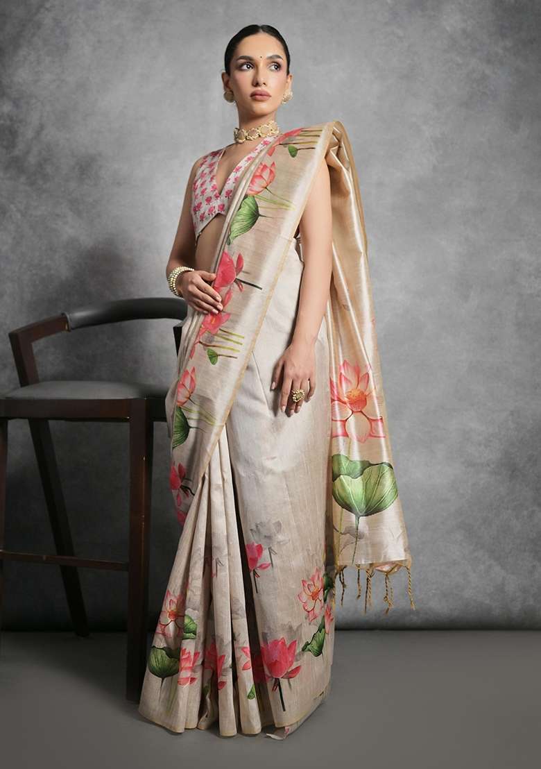 Cream Printed Tussar Silk Blend Saree Set for Diwali and Festive Wear - Indya