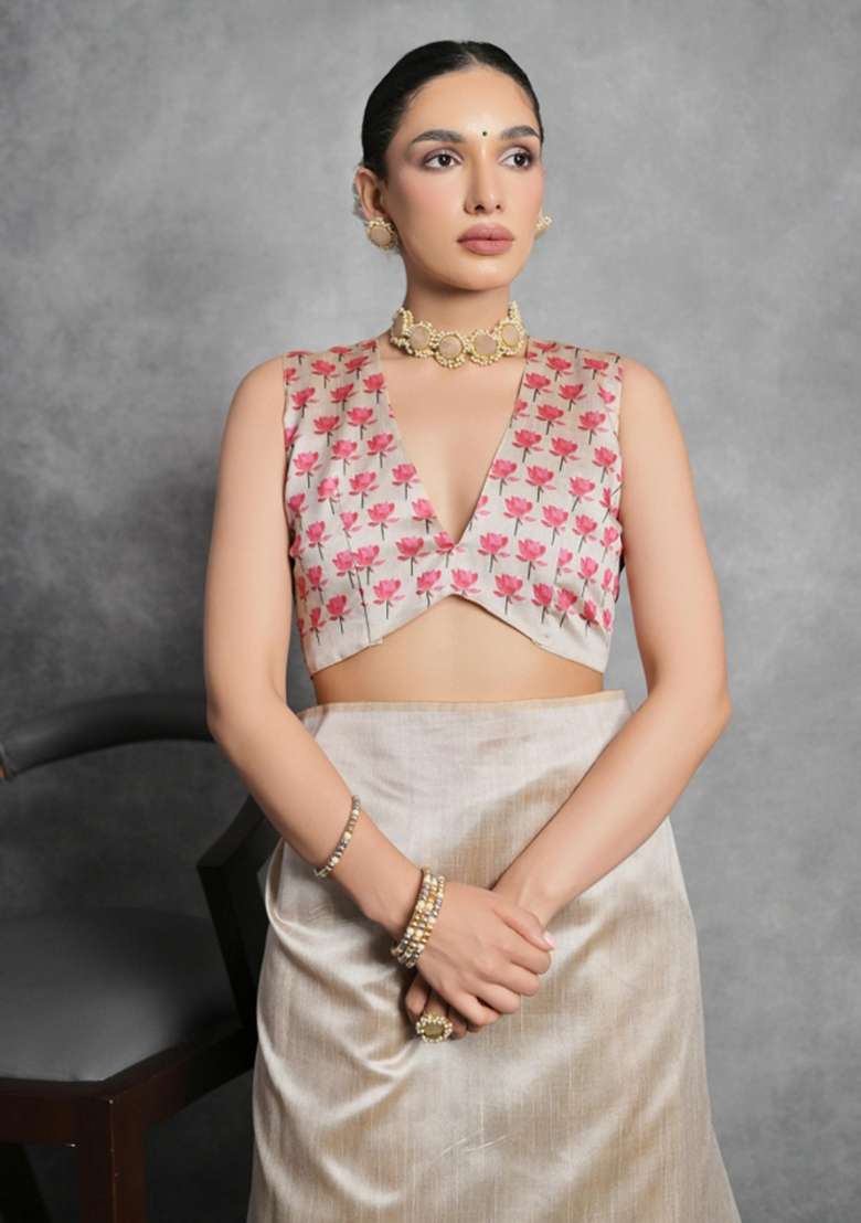 Cream Printed Tussar Silk Blend Saree Set for Diwali and Festive Wear - Indya