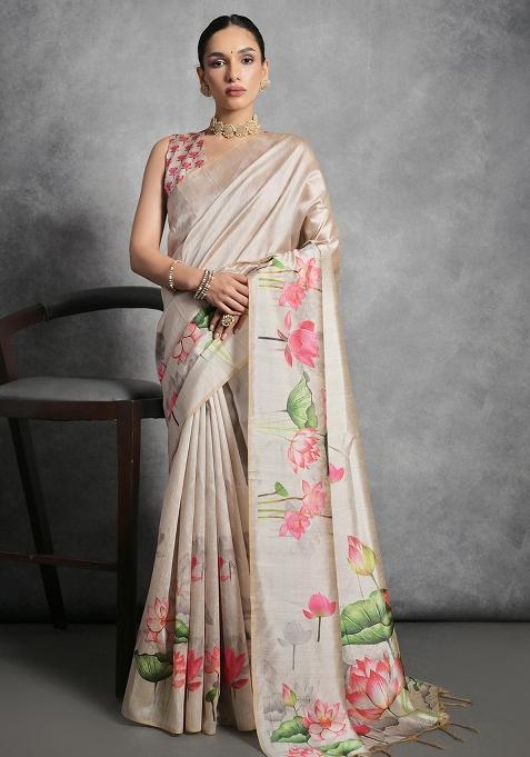 Cream Printed Tussar Silk Saree Set