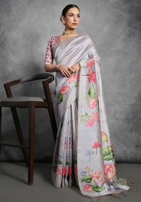 Grey Printed Tussar Silk Saree Set