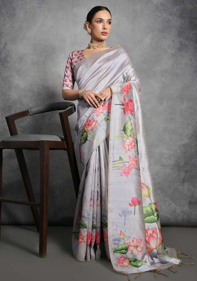 Grey Tussar Silk Blend Saree Set with Printed for Diwali | Wedding & Festive Wear - Indya