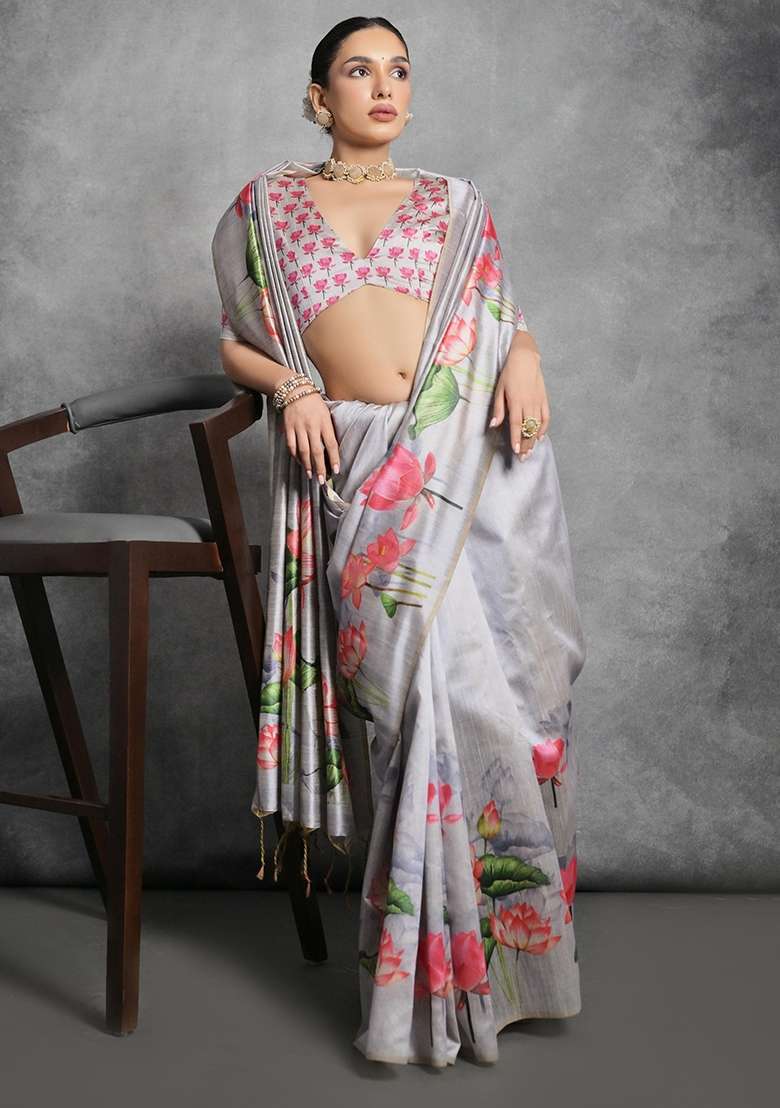 Grey Tussar Silk Blend Saree Set with Printed for Diwali | Wedding & Festive Wear - Indya