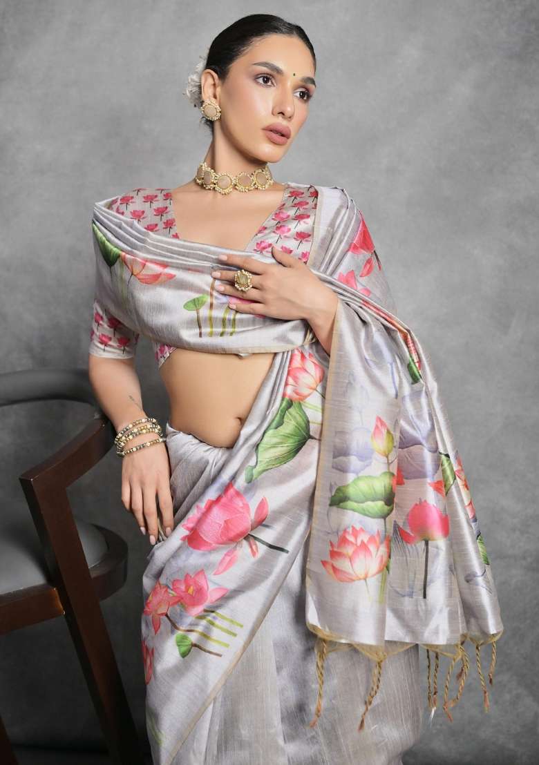 Grey Tussar Silk Blend Saree Set with Printed for Diwali | Wedding & Festive Wear - Indya