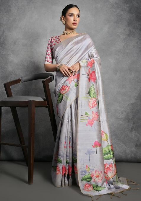 Grey Printed Tussar Silk Saree Set