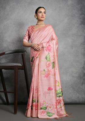 Peach Printed Tussar Silk Saree Set